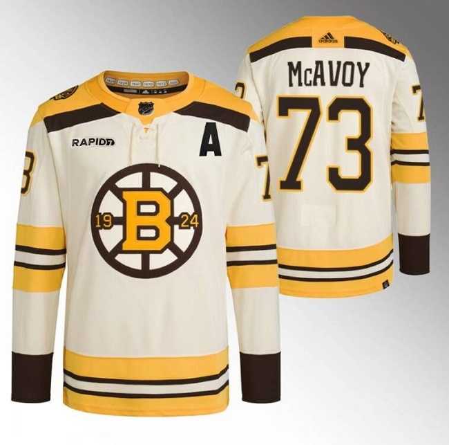 Men%27s Boston Bruins #73 Charlie McAvoy Cream With Rapid7 Patch 100th Anniversary Stitched Jersey Dzhi